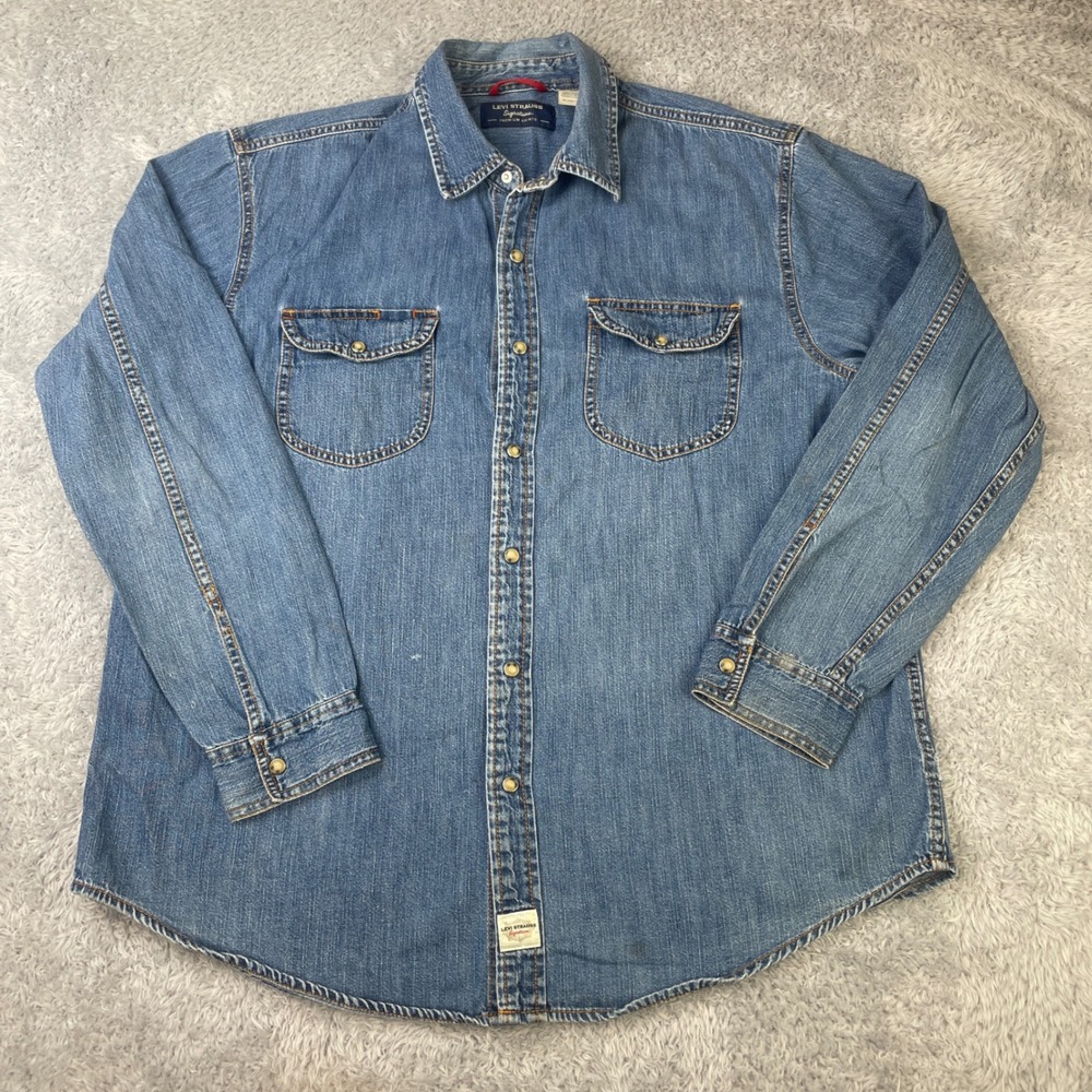 Levis Denim Shirt Mens L Blue Long Sleeve Snap Button Western Cotton